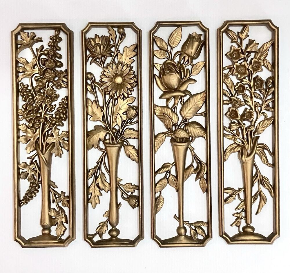 Vintage Gold Floral Wall Hanging Panels Set Of 4 Regency MCM Art- 17 In -Burwood